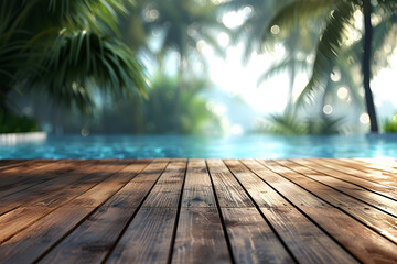 Wall Mural - Wooden deck with a swimming pool and outdoor garden set in a tropical landscape. The wood deck pool is surrounded by a lush tropical forest with palm trees.