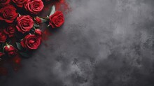 Red Roses On Dark Grunge Background. Valentines Day Card. Generative AI
