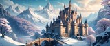 Majestic castle in the snow. Fantasy Art. Landscape background