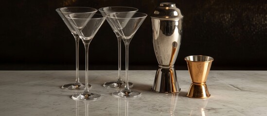 Poster - Four Empty Martini Glasses and Shaker: A Classy Quartet for Cocktail Enthusiasts