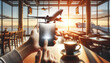 A hand holds a phone displaying a 3D airplane hologram, floating in a coffee shop near an airport window in the morning light, ideal for innovative travel ads. AI Generated.
