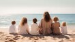 back view of mother and daughters sitting on sand and looking at sea Generative AI