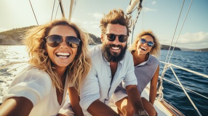 Group of friends having fun on the deck of a sailing yacht. Generative AI