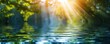 © Wuttichai - River gentle flow amidst lush greenery reflecting sun tranquil embrace. Morning light cascades through trees unveiling serene landscape of life and color. Heart of nature water and forest in journey