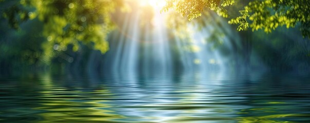 Wall Mural - River gentle flow amidst lush greenery reflecting sun tranquil embrace. Morning light cascades through trees unveiling serene landscape of life and color. Heart of nature water and forest in journey