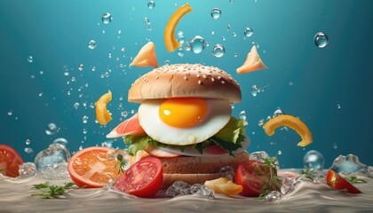 Healthy multi-decker burger with egg, lettuce, celery, tomato, fish and fruits. Refreshing and delicious low fat food with floating ingredients and water splash on blue background. Generative AI.