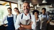 © Alex - Portrait of smiling male waiter standing with arms crossed in coffee shop Generative AI