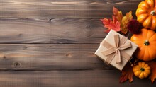 Gift Box, Pumpkins And Autumn Leaves On Wooden Background. Generative AI