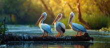 Pelicans In Biodiverse Danube Delta Perched On Log In Serene Aquatic Habitat.