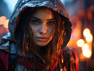 Poster - Cyberpunk Girl in Hood with Blurred Rainy Night City Background. Apocalypse Character