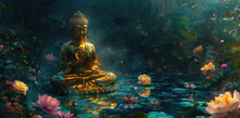 Buddha Seated On The Water In The Forest With Flowers