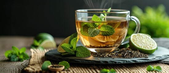 Sticker - Herbal mint tea served in a glass cup, with dried tea, lime, and herbs on a slate plate at a restaurant or teahouse.