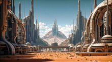 Futuristic City With Towering Metallic Skyscrapers And Curved Buildings In A Desert, Under A Clear Blue Sky With A Central Mountain Backdrop