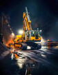 Rock and stone drilling in a building site. Professional drilling rig at night