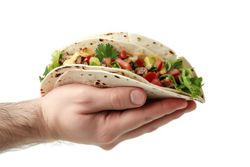 Wall Mural - taco with fresh vegetables on a hand, isolated