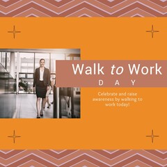Poster - Composition of walk to work day text over caucasian businesswoman at office on orange background