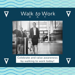 Poster - Composition of walk to work day text over diverse business people at office on blue background