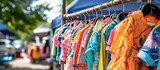 Fototapeta  - Selling, exchanging, recycling, donating, and reusing used baby and children's clothing at an outdoor flea market to combat excessive shopping.