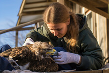 A Woman Wildlife Biologists Rehabilitator Helps An Injured Eagle.