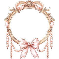 Sticker - Round frame with pink bow. Watercolor style
