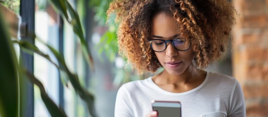 Poster - Tech-Savvy Woman Seamlessly Uses Smart Phone for Multitasking, Connectivity, and Efficiency