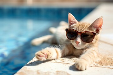 Cool party cat or summer holiday vacation cat in sunglasses