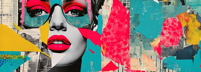 Wall Mural - Modern Pop art collage. Beauty woman head panorama