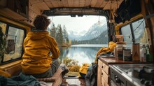 Tranquil Van Life Scene With Person Gazing At A Serene Mountain Lake From A Cozy Camper Interior. Perfect For Adventure And Travel Themes.