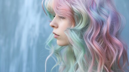 Wall Mural - Women's ethereal and whimsical mermaid waves hairstyle with soft curls and a mystical color palette, creating a dreamy and enchanting appearance.