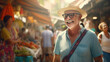 A senior traveler explores a bustling street market during their vacation,  sharing the vibrant sights and sounds with their social media followers