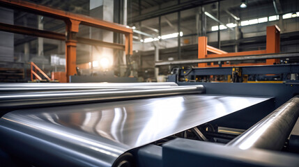 Wall Mural - Large aluminum coils. Modern aluminum production machine, business concept and industrial concept. Selective focus. Close-up.