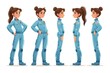 Set of Astronaut young women character, 5 different poses, in blue suit, cartoon style