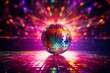 beautiful disco shimmering ball and colorful stage, fun dancing and time travel