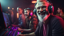 A Senior Gamer,  Wearing A Headset,  Joins A Remote Group Of Friends For An Immersive Online Gaming Session,  Proving Age Has No Limits