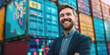 © piai - A cheerful logistics manager with a background of shipping containers