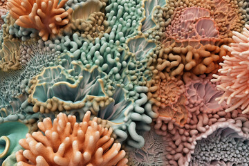 Wall Mural - Nature, environment, fantasy, graphic resources concept. Abstract and surreal colorful artificial corals background with copy space. Three dimensional corals made of plastic background