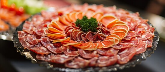 Wall Mural - Chilled Delights: Tempting Cold Meat Slices on Display for Food Enthusiasts to Savor the Alluring Cold Meat Slices