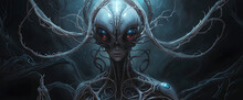 An Alien With A Large Head And Many Tentacles. It Has Glowing Eyes And Is Surrounded By Branches. The Background Is Dark And Blue.