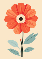 Wall Mural - Summer Blossom: Elegant Floral Illustration with Vibrant Red Daisy in a Vintage Botanical Garden