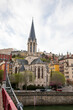 historical Lyon Old Town buildings on bank of Saone River Saint-Georges Church in Region Auvergne-Rhone-Alpes France