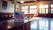 © Kowit - A 'Vote 2024' placard stands prominently on a desk in a well-lit, empty voting hall with American flags, evoking the atmosphere of election day.