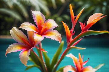 orange bright tropical flowers close up, blue water, nature on the island, summer season, forest