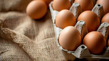 Chicken  Eggs In A Cardboard Box On A Burlap Background, Top View