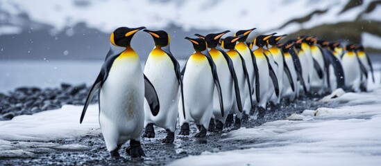 Poster - Mesmerizing King Penguins Marching in Perfect Formation: Majestic March of King Penguins through the Frozen Tundra