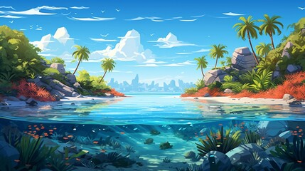 Wall Mural - An enchanting vector scene of a tropical paradise in the Maldives, highlighting the vibrant coral reefs, marine life, and the crystal-clear waters of the Indian Ocean