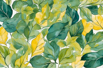 abstract watercolor leaves, green and yellow wallpaper painting backdrop horizontal nature banner le