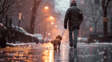 A Man Walks His Yorkshire Terrier Dog In The Rain Along The Street Of City