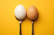 Two different eggs in tablespoons on a yellow background, place for text, Generative AI