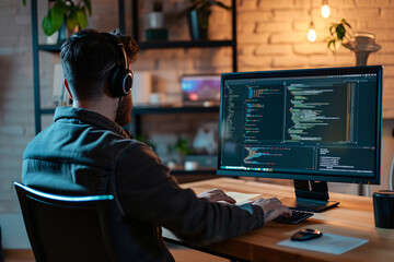 A programmer and developer sits at his computer and writes code in his home office in a chic modern apartment
