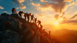  Team of Climbers Ascending Mountain at Sunset